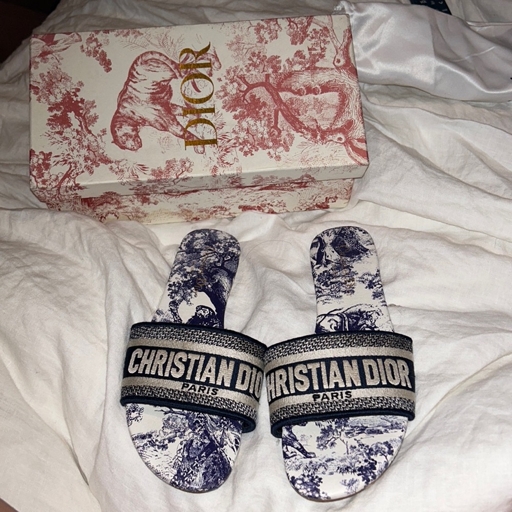 Dior Navy & White Christian Dior Toile Slide Sandals